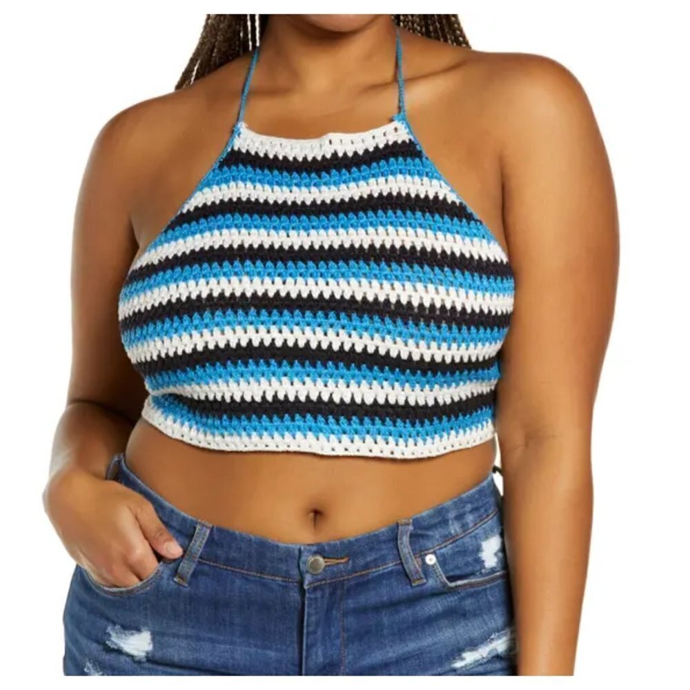 BP Nordstrom Crocheted Crop Top Plus 2X Knit Blue Black Stripe Coquette Chevron